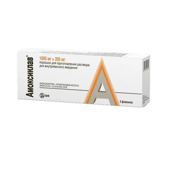 картинка Амоксиклав® порошок для приготовления раствора для внутривенного введения, 1000 мг+200 мг, фл. №5