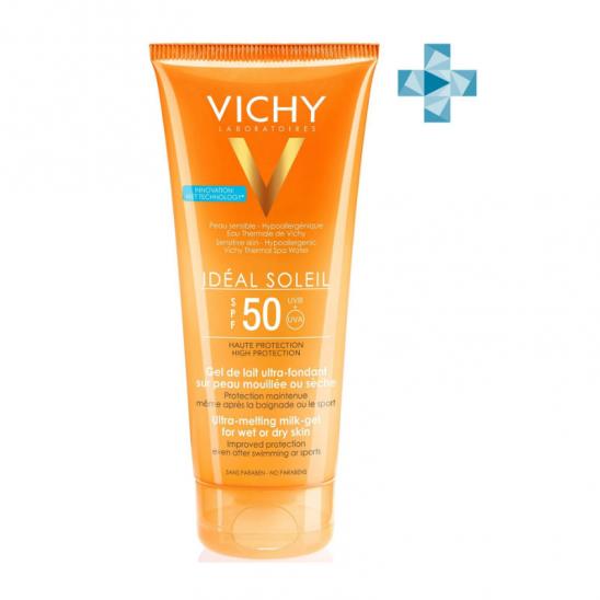 картинка Виши (Vichy) Идеал Солей тающая эмульсия с технологией нанесения на влажную кожу SPF50+, 200 мл