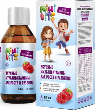 Minivits, Вкусные мультивитамины для роста и развития, со вкусом малины, жидкость, 150 мл